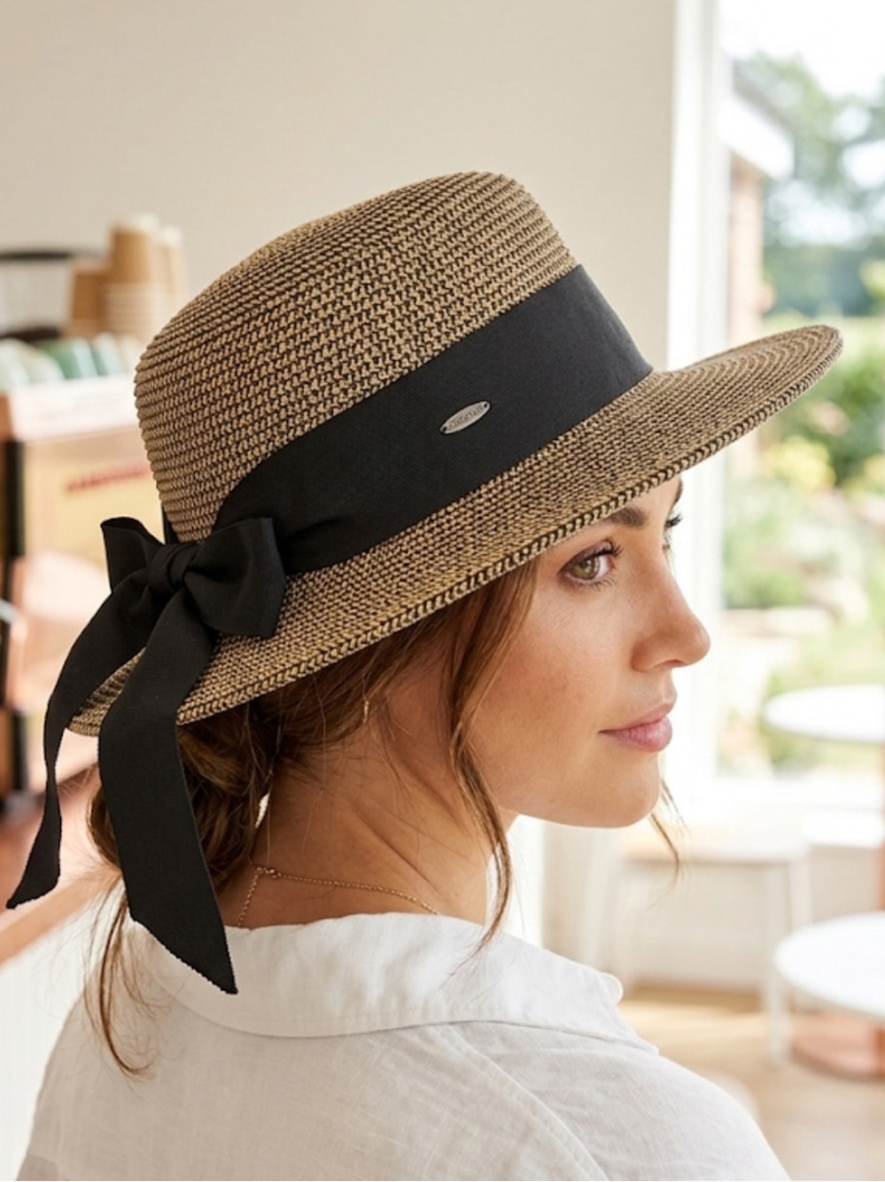 Coolibar “ Clara” Sun Hat Wide Brim Straw Sun Hat with Black Band UPF 50+